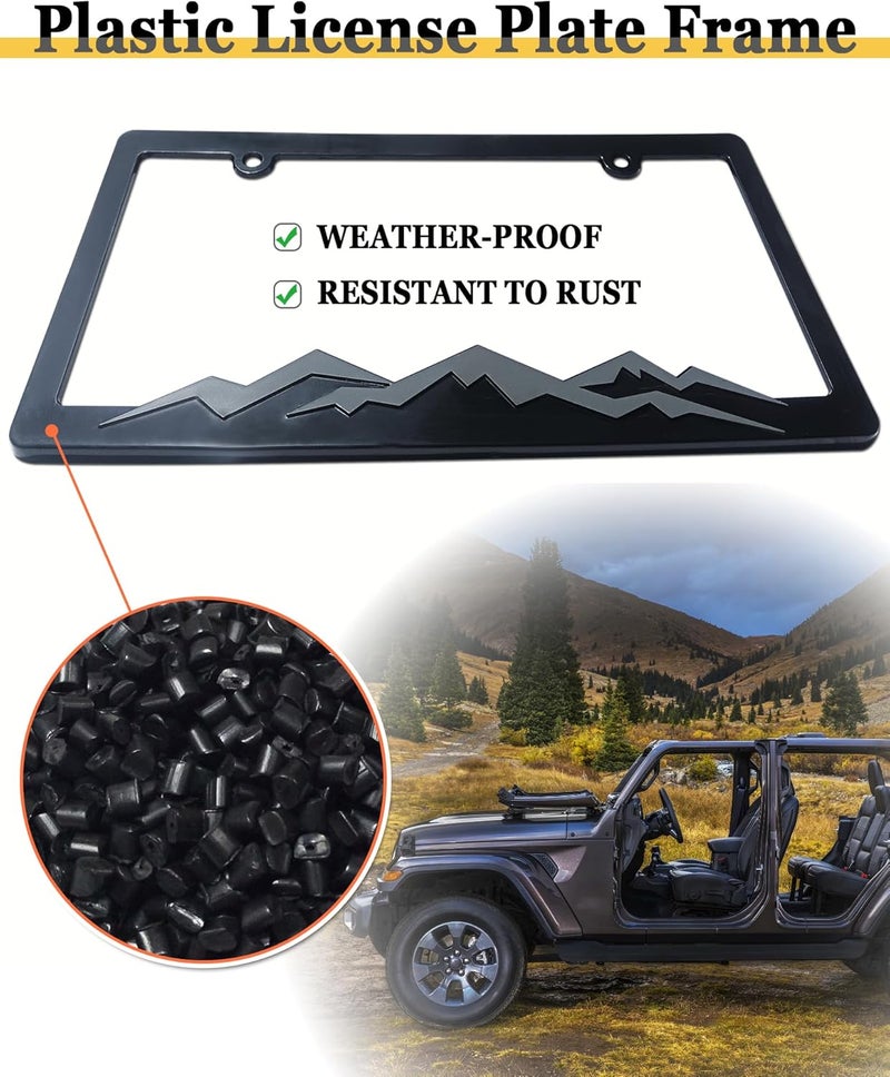 BGGTMO Mountain License Plate Frames- Gray on Black Mountain Raised, Plastic Car Tag Holder Bracket with Screws Caps, 2 Packs 2 Hole with Mountain Vinyl Sticker - Image 2